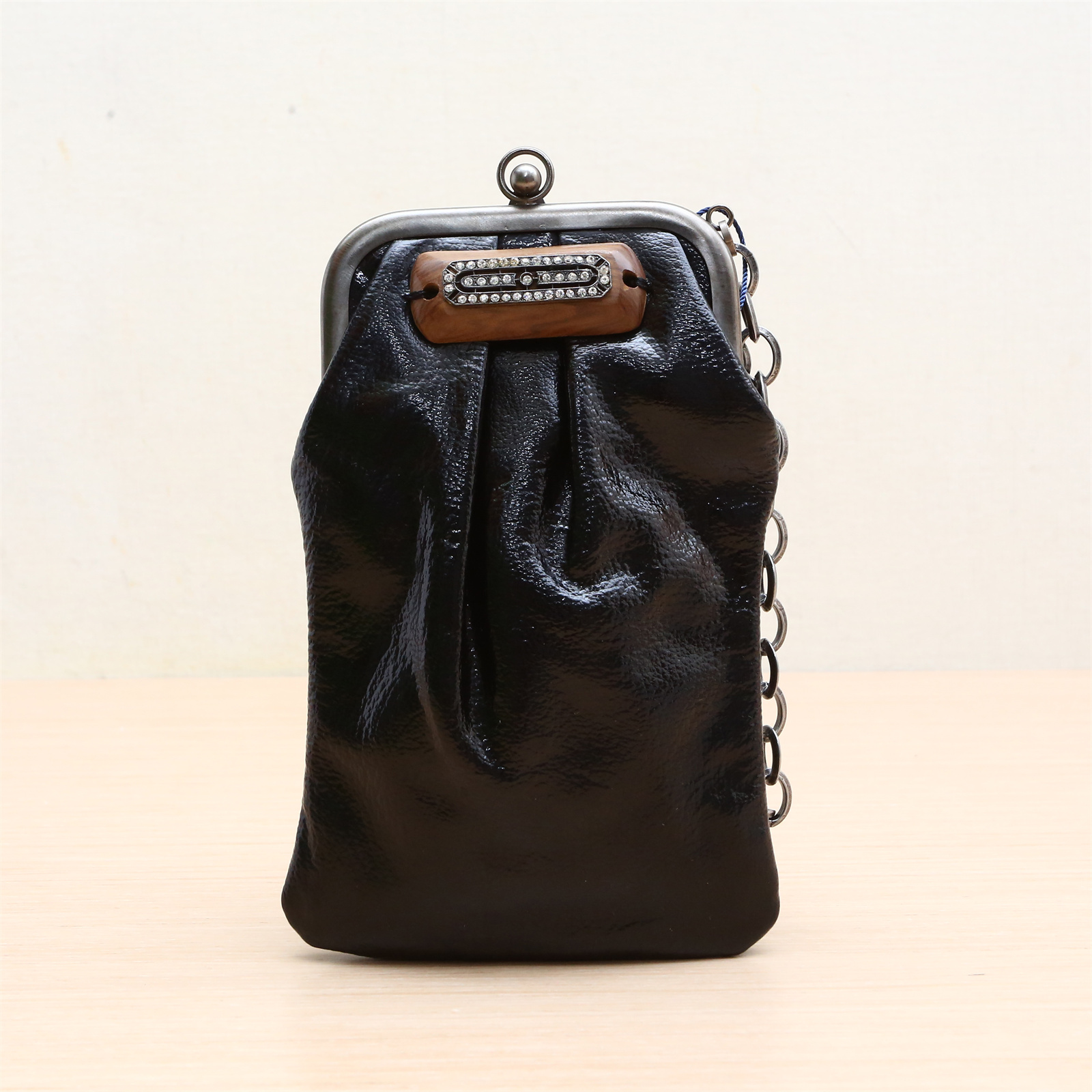 *MARNI Frog Mouth Small Handbag with Wood Grain Inlay and Rhinestones, Black Patent Leather, Tungsten Steel Hardware-Hana Vintage