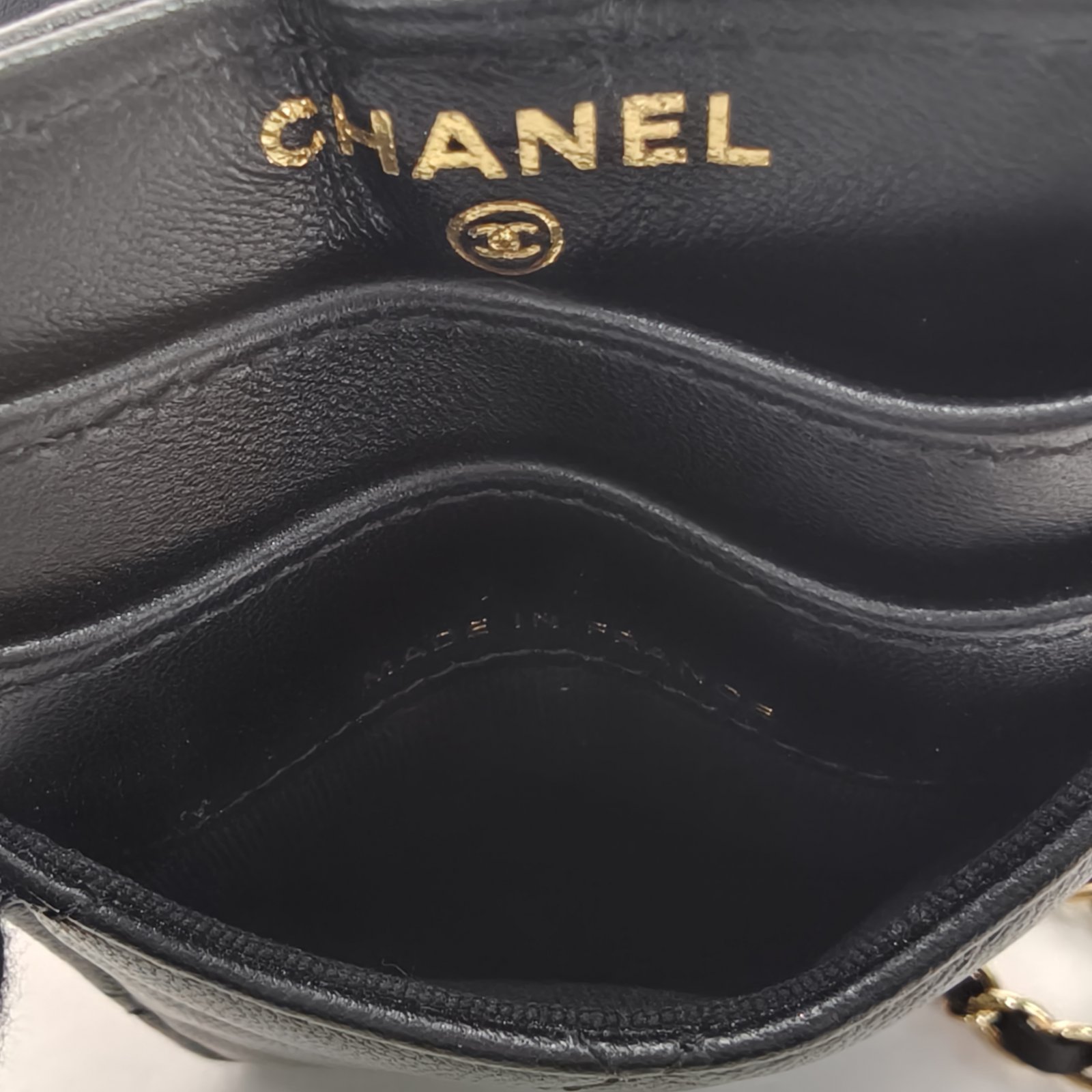 *CHANEL Black Laser Label Gold Hardware coco casino Heart Card Holder with Chain-Hana Vintage