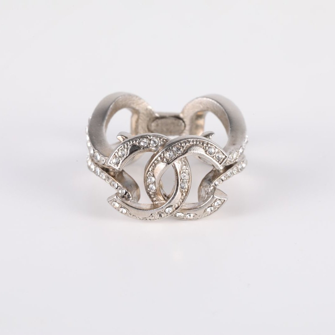 CHANEL 12A Double C Rhinestone Ring 52 Alloy-Hana Vintage