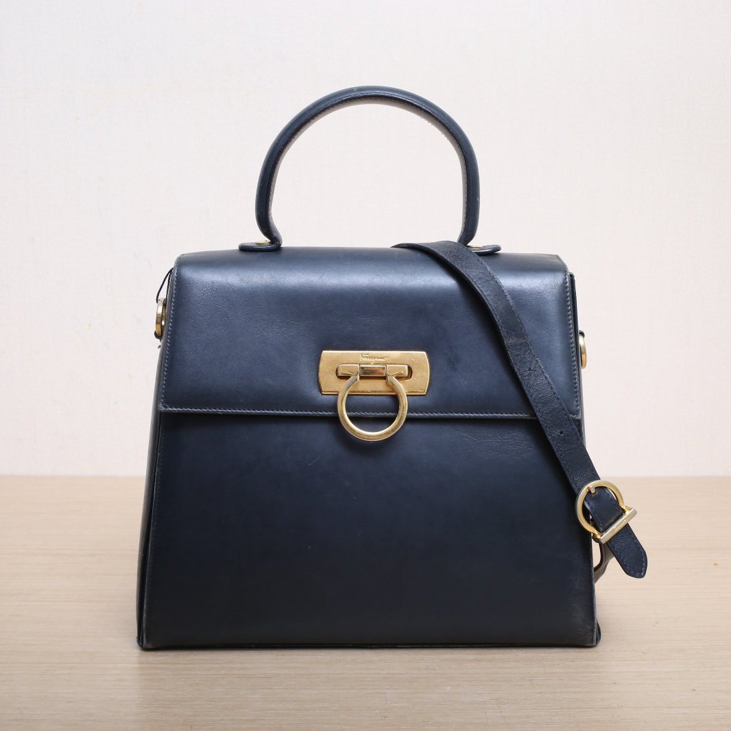 FERRAGAMO Vintage Box Leather Museum Handheld Crossbody Bag Medium Size