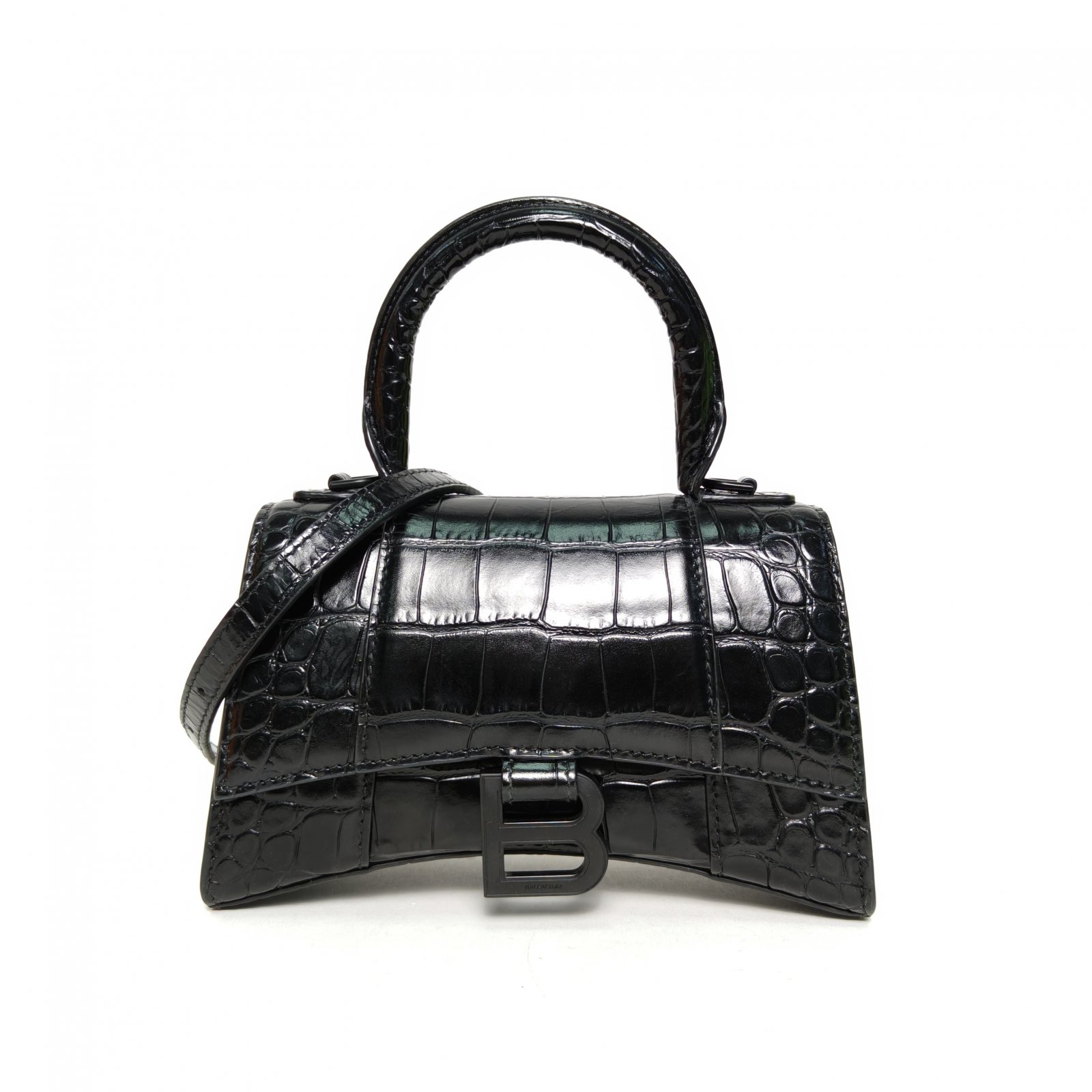 *BALENCIAGA Crocodile Embossed Hourglass Handbag XS size Black Hardware-Hana Vintage