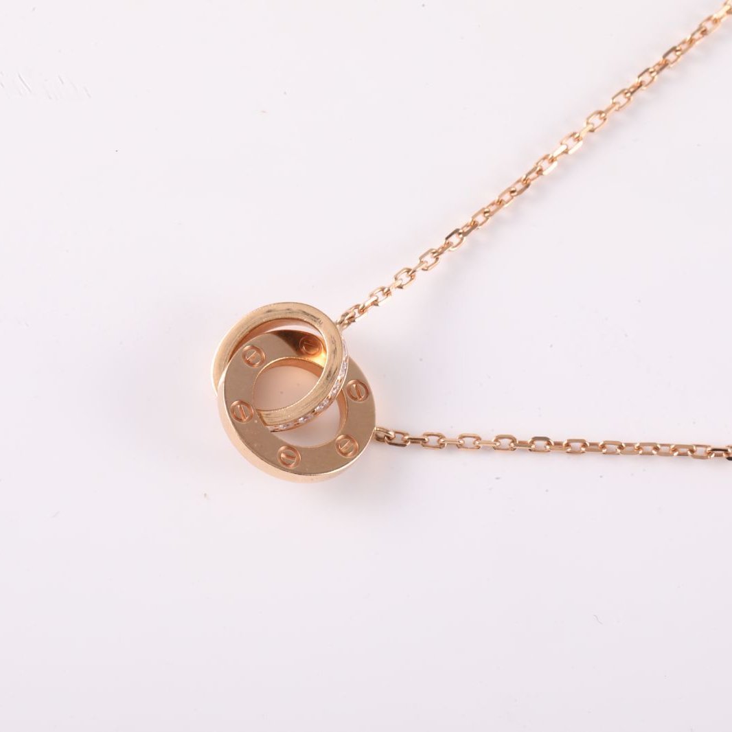 CARTIER LOVE Double Loop Full Diamond Necklace Disc Ring Combination 18K Rose Gold,Diamond-Hana Vintage