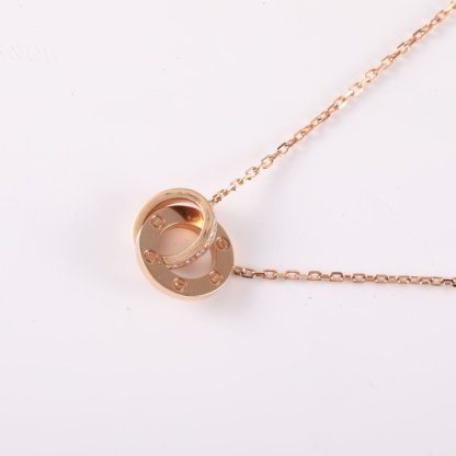 CARTIER LOVE Double Loop Full Diamond Necklace Disc Ring Combination 18K Rose Gold,Diamond-Hana Vintage