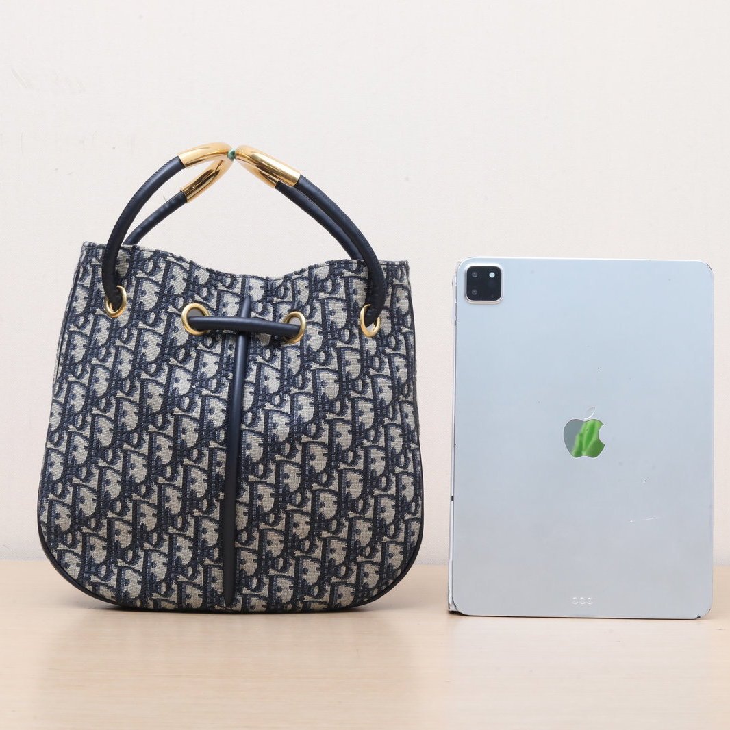 DIOR Ink blue canvas, gold hardware, 2024 Bucket Bag Nolita, Hanging Basket Bag with detachable shoulder strap