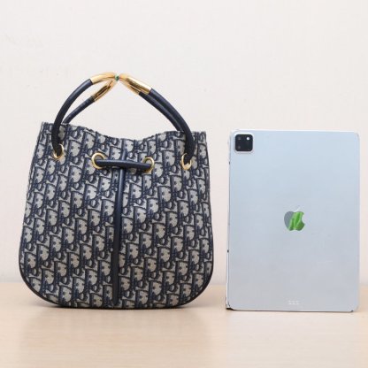 DIOR Ink blue canvas, gold hardware, 2024 Bucket Bag Nolita, Hanging Basket Bag with detachable shoulder strap