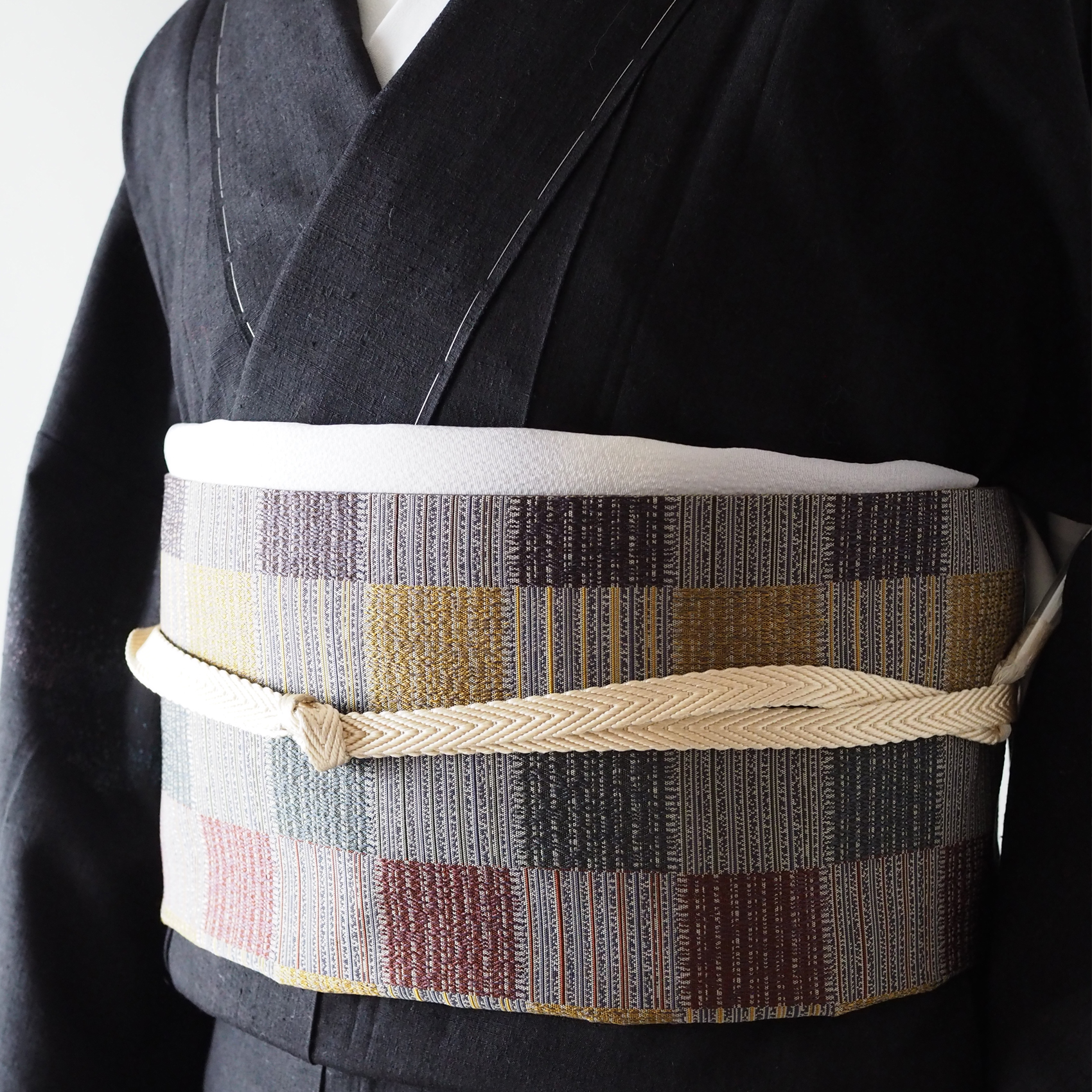 帯】【袋帯】渋彩モダン市松 洒落袋帯 縞裏仕立て No.70-コロモコヨミ