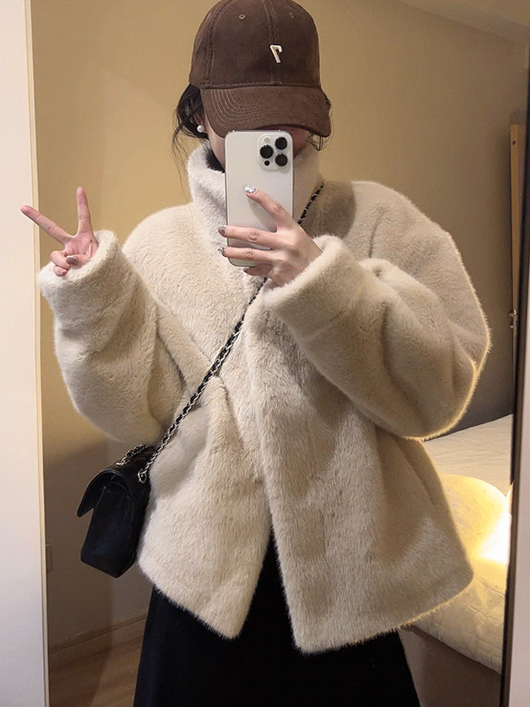 仿皮毛一體大衣外套女