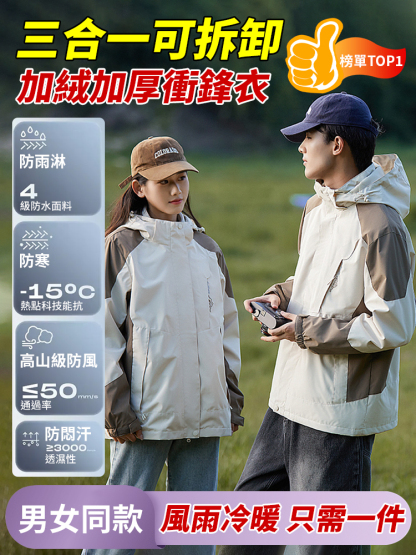 三合一可拆卸加絨加厚衝鋒衣