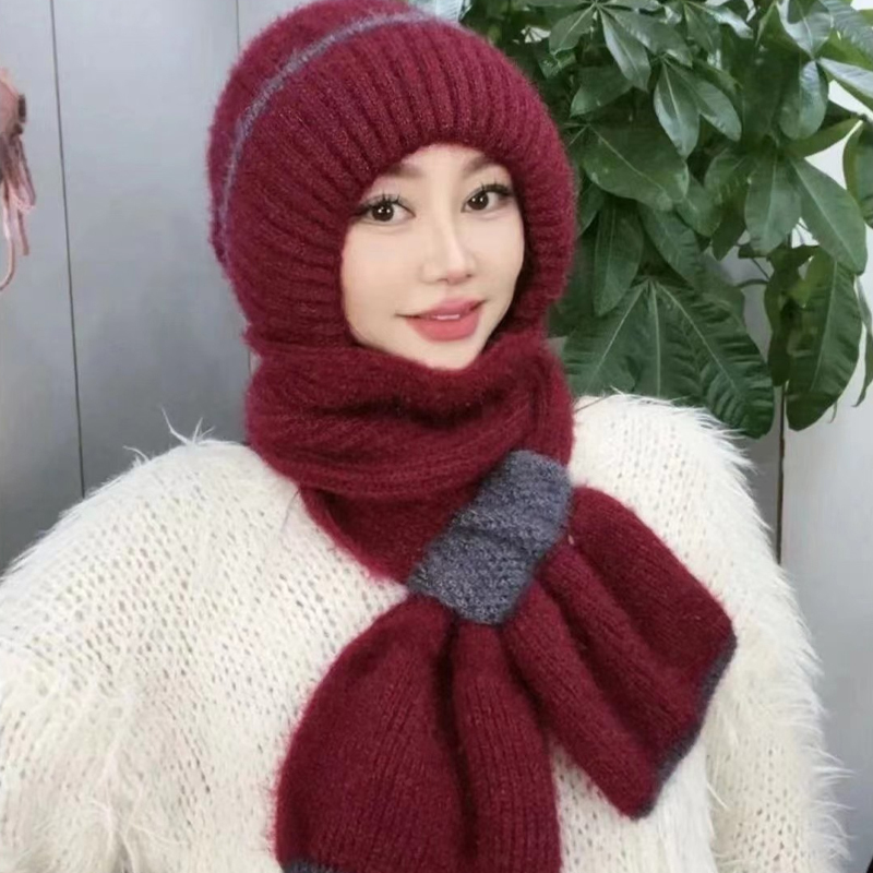 保暖加絨二合一圍巾針織帽