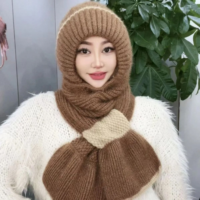 保暖加絨二合一圍巾針織帽