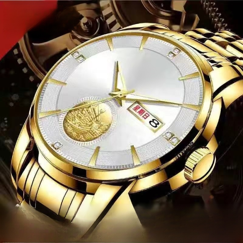 金色一帆風順雙月曆夜光防水男士手錶