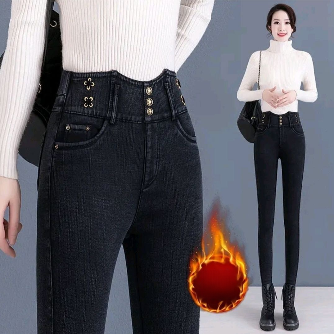 加絨加厚高腰牛仔褲女小腳鉛筆褲