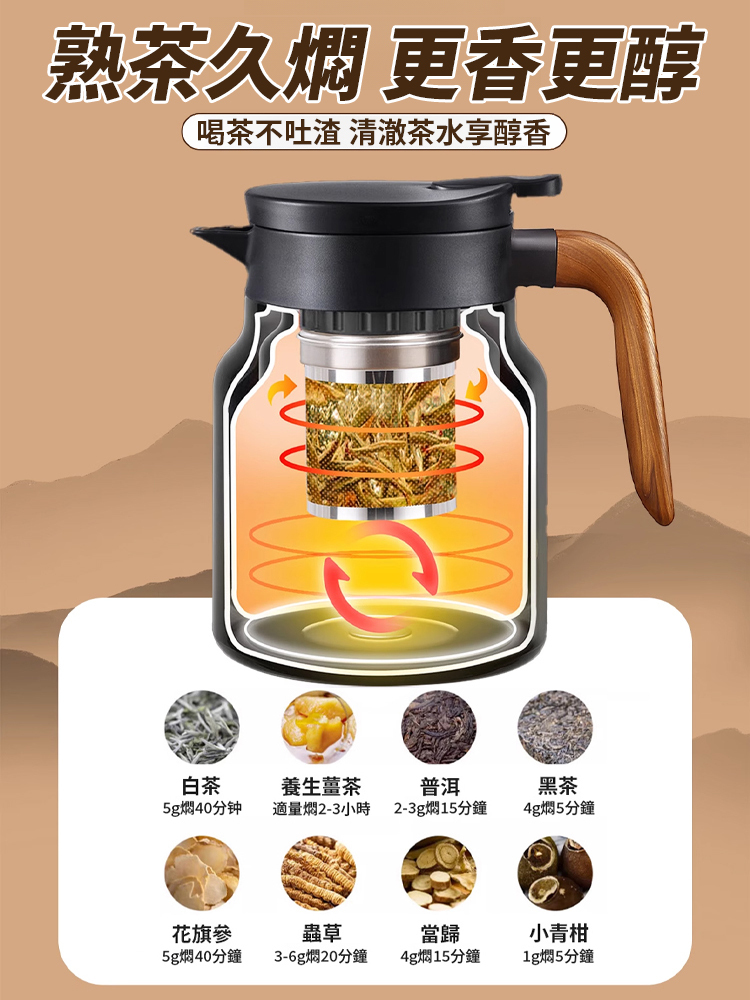 新款木紋柄大容量茶水分離燜茶壺