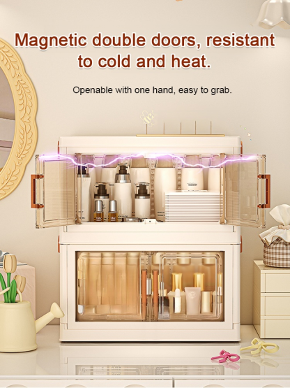 Multi-layer storage cabinet for stationery, snacks, and miscellaneous items.