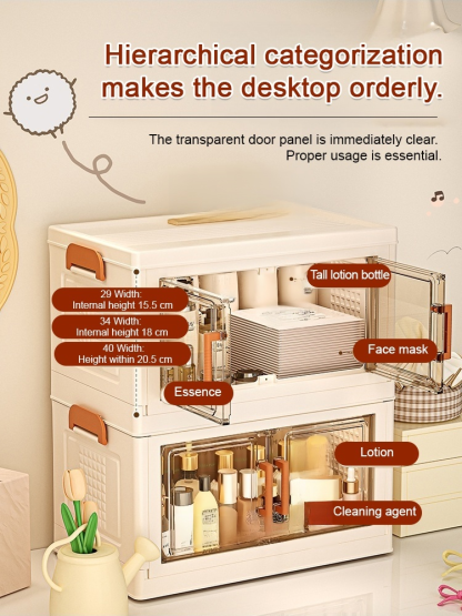 Multi-layer storage cabinet for stationery, snacks, and miscellaneous items.