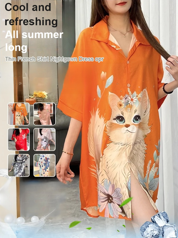 Thin Mid-Length French Shirt Pajama Dress