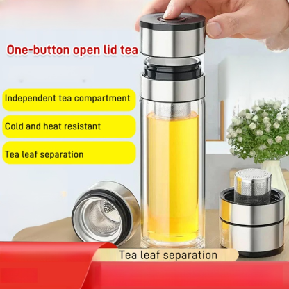 One-button lid opening tea and tea leaf separation cup