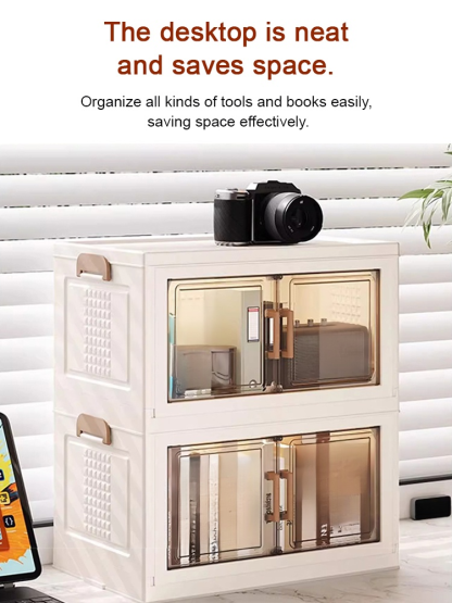 Multi-layer storage cabinet for stationery, snacks, and miscellaneous items.