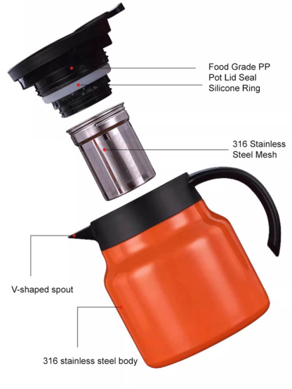 Thermal insulated stainless steel pot steeps tea aroma.