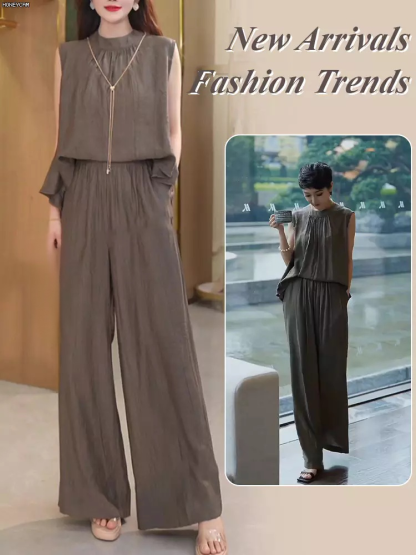 Zippered sleeveless wide-leg pantsuit for women