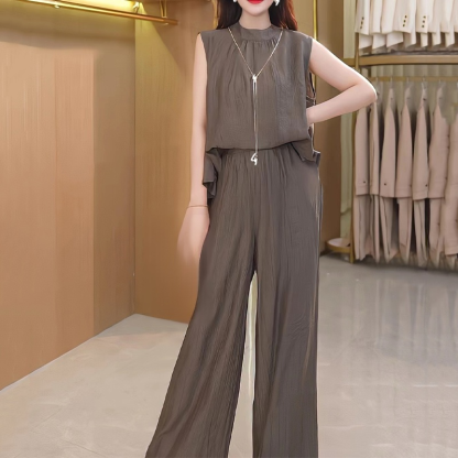 Zippered sleeveless wide-leg pantsuit for women