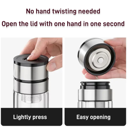 One-button lid opening tea and tea leaf separation cup
