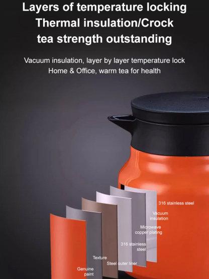 Thermal insulated stainless steel pot steeps tea aroma.
