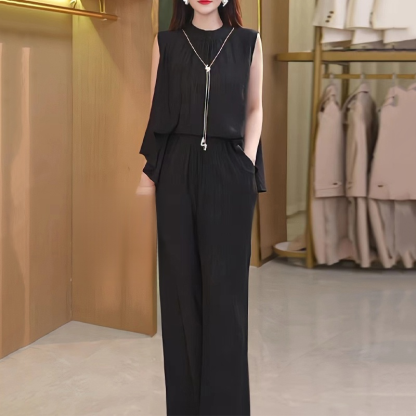 Zippered sleeveless wide-leg pantsuit for women
