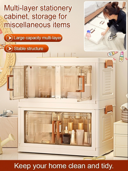 Multi-layer storage cabinet for stationery, snacks, and miscellaneous items.