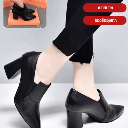 【30 ปีไม่ล้าสมัย ไม่ลอก】รองเท้าหนังนิ่มหัวแหลมส้นหนา 