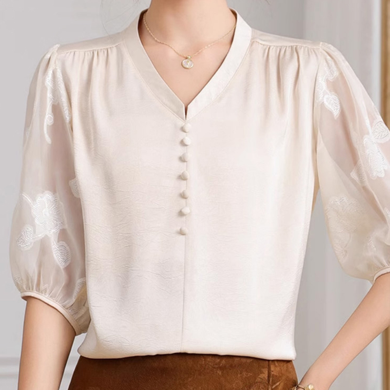【ผู้หญิงมีเสน่ห์】เสื้อเชิ้ตผ้าไหมคอวีสง่างาม
