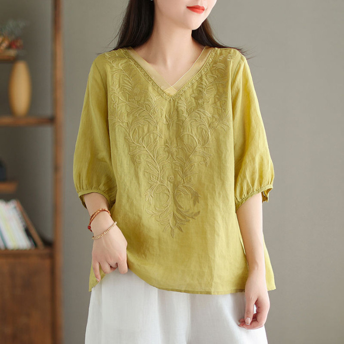 เสื้อเชิ้ตผ้าคอตตอนลินิน พิมพ์ลาย แขนกลาง ปดปิดไขมัน ใส่ดูผอม