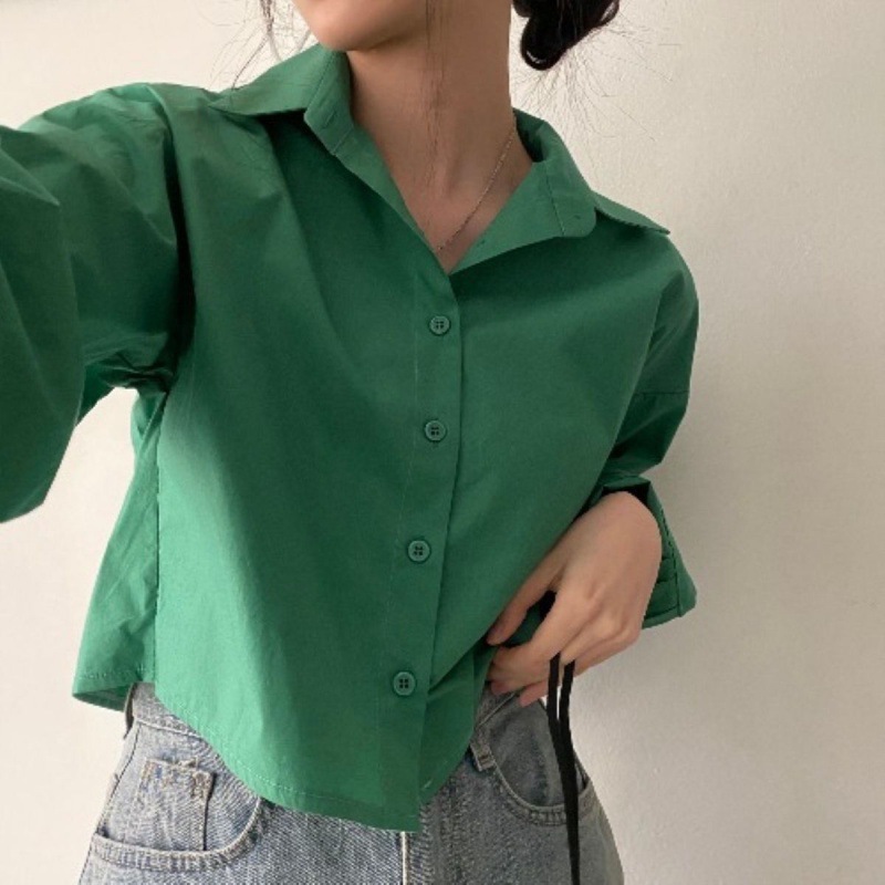 เสื้อเชิ้ตแขนยาวด้านหลังแบบผ่ากว้างปกเสื้อแบบพับรุ่นสั้น