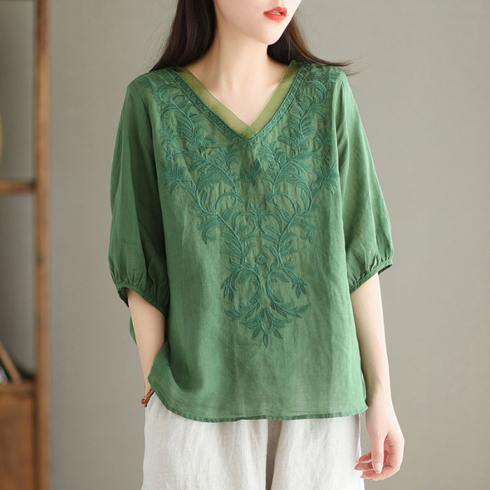 เสื้อเชิ้ตผ้าคอตตอนลินิน พิมพ์ลาย แขนกลาง ปดปิดไขมัน ใส่ดูผอม