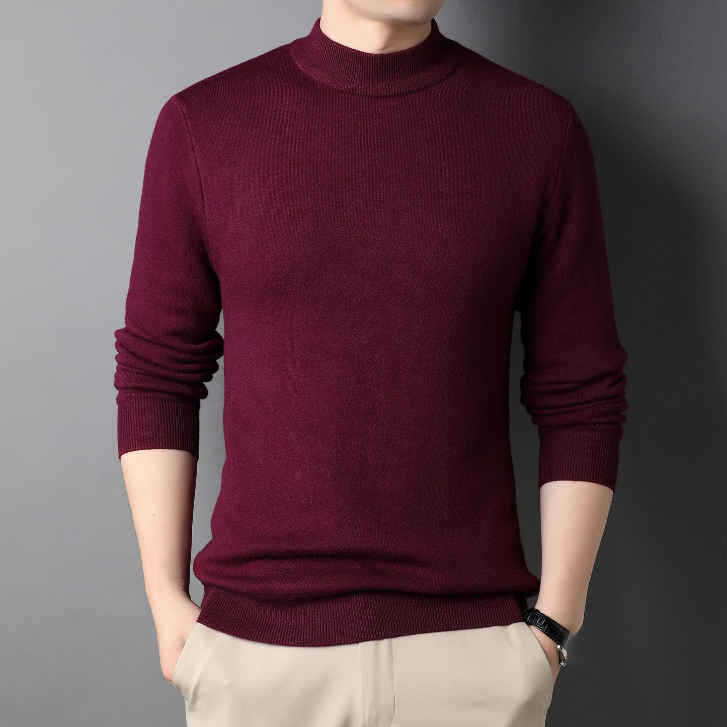 เสื้อสเวตเตอร์ถักผ้าวูลคอเต่าเบสิคสำหรับผู้ชาย