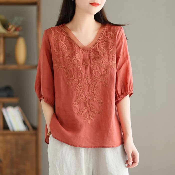 เสื้อเชิ้ตผ้าคอตตอนลินิน พิมพ์ลาย แขนกลาง ปดปิดไขมัน ใส่ดูผอม