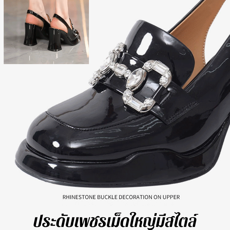 【สัดส่วนทองคำ】รองเท้าส้นตัน ติดเพชรสวารอฟสกี้