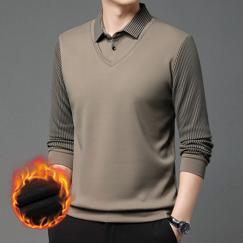 เสื้อโปโลแขนยาวผู้ชาย แบบปลอมสองชิ้น บุขน