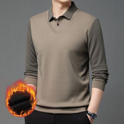 เสื้อโปโลแขนยาวผู้ชาย แบบปลอมสองชิ้น บุขน