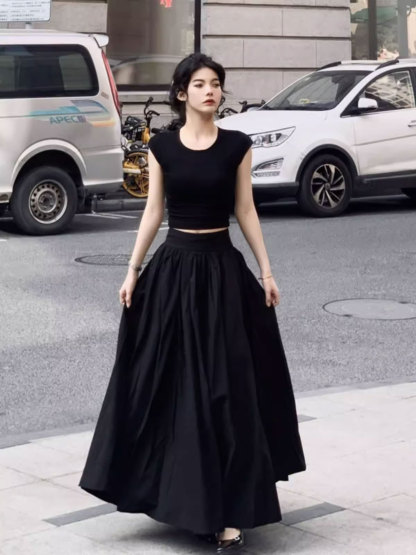 ชุดสองชิ้นกระโปรงยาวเอวสูงและดูผอมสไตล์ฝรั่งเศสเฮปเบิร์น