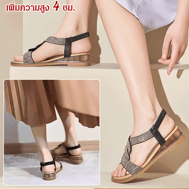 รองเท้าแตะรัดส้นส้นตัน ติดพลอยเทียม พื้นนุ่ม กันลื่น
