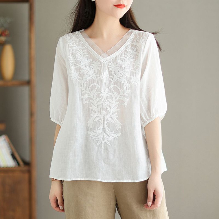 เสื้อเชิ้ตผ้าคอตตอนลินิน พิมพ์ลาย แขนกลาง ปดปิดไขมัน ใส่ดูผอม