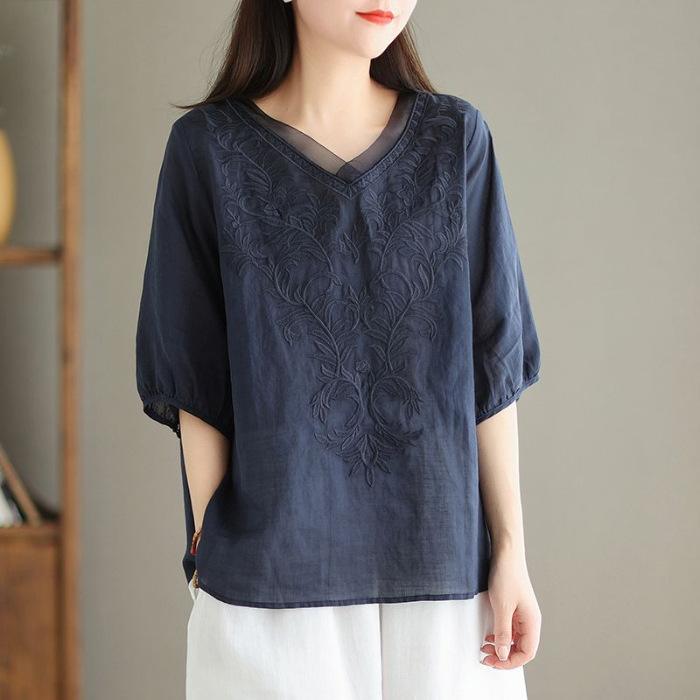 เสื้อเชิ้ตผ้าคอตตอนลินิน พิมพ์ลาย แขนกลาง ปดปิดไขมัน ใส่ดูผอม