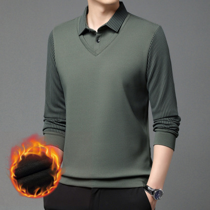 เสื้อโปโลแขนยาวผู้ชาย แบบปลอมสองชิ้น บุขน