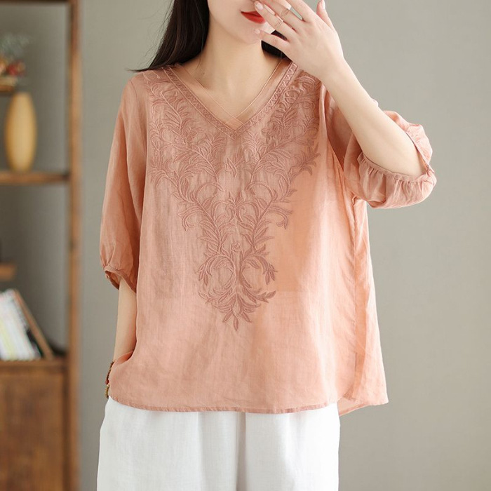 เสื้อเชิ้ตผ้าคอตตอนลินิน พิมพ์ลาย แขนกลาง ปดปิดไขมัน ใส่ดูผอม