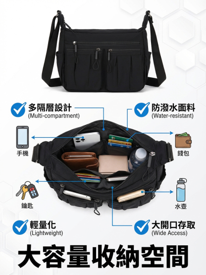 【台灣職人精神】多層次大容量單肩包，多層大容量單肩包具備超強裝載力，防刮耐磨材質更經久耐用。平價擁有的高質感收納神器，全台熱銷補貨中。