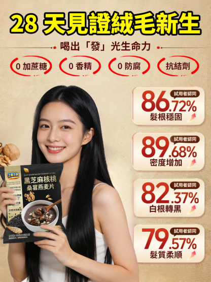 黑芝麻核桃桑葚燕麦片 💥 🌸以黑養黑食療养发，头发越喝越多，越喝越黑！ 🌸每天一杯，改善睡眠，滋养秀发！ 🌸精选天然食材，0蔗糖0添加！ 🌸