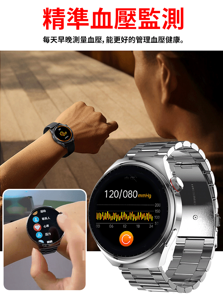 鋼帶Watch4 Pro血糖手錶，先進的醫療人工智慧監測您的健康狀況，提供即時健康信息，戴在手腕上它能精準追踪24項重要的健康指標