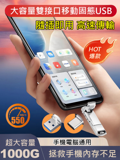 【手機電腦都相容】雙接口行動固態u碟，二入僅需600，即查即用，拯救手機內存不足，雙接口移動固態U盤，體積輕巧攜帶方便，照片文件存儲更安心