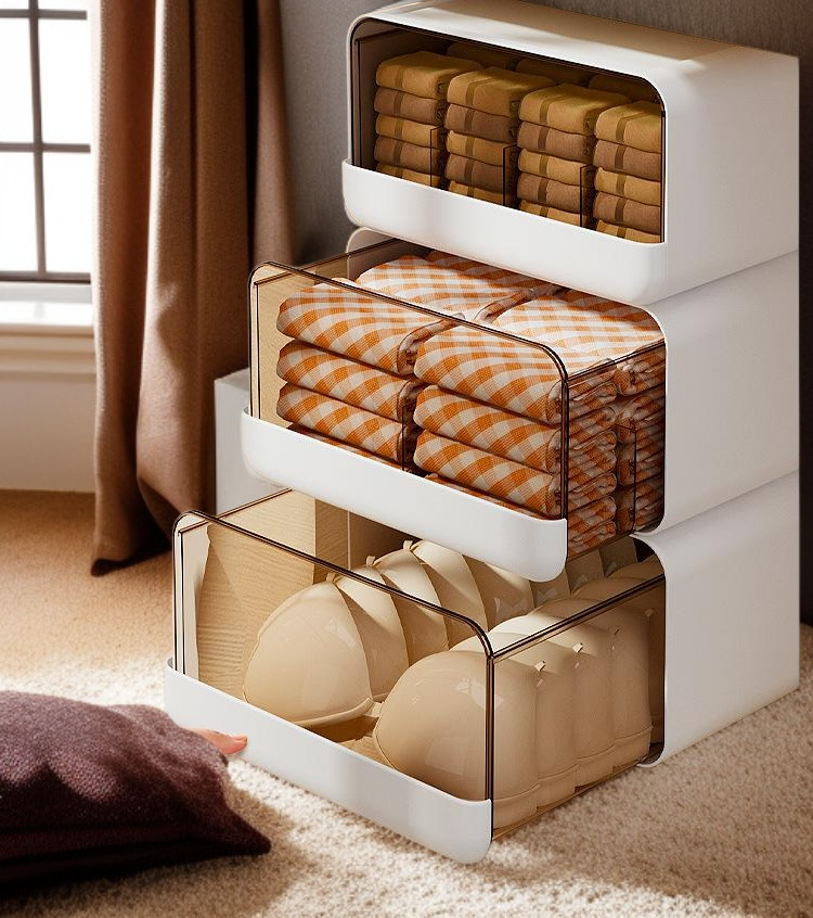 Close-up of compartments in underwear and socks storage box